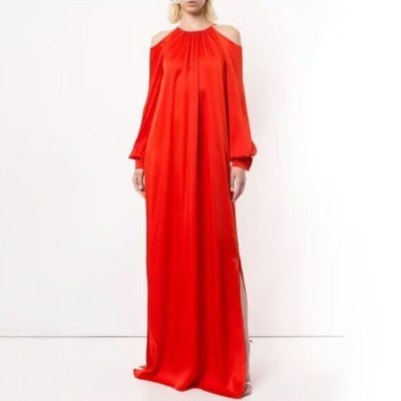 Rosetta Getty Satin Cold Shoulder Maxi Gown Orange Red Size Small - Picture 1 of 4